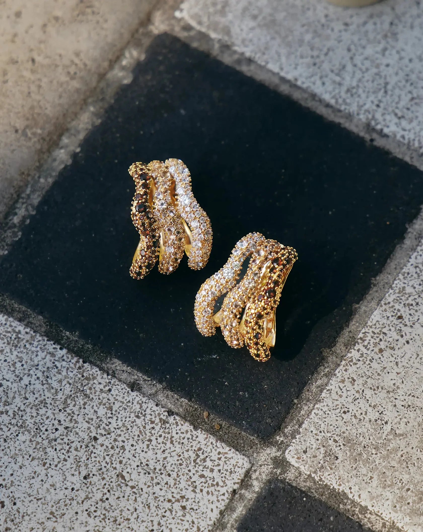 Molten Snow Triple Pavé Small Hoop Earrings | 18ct Gold Plated Earrings
