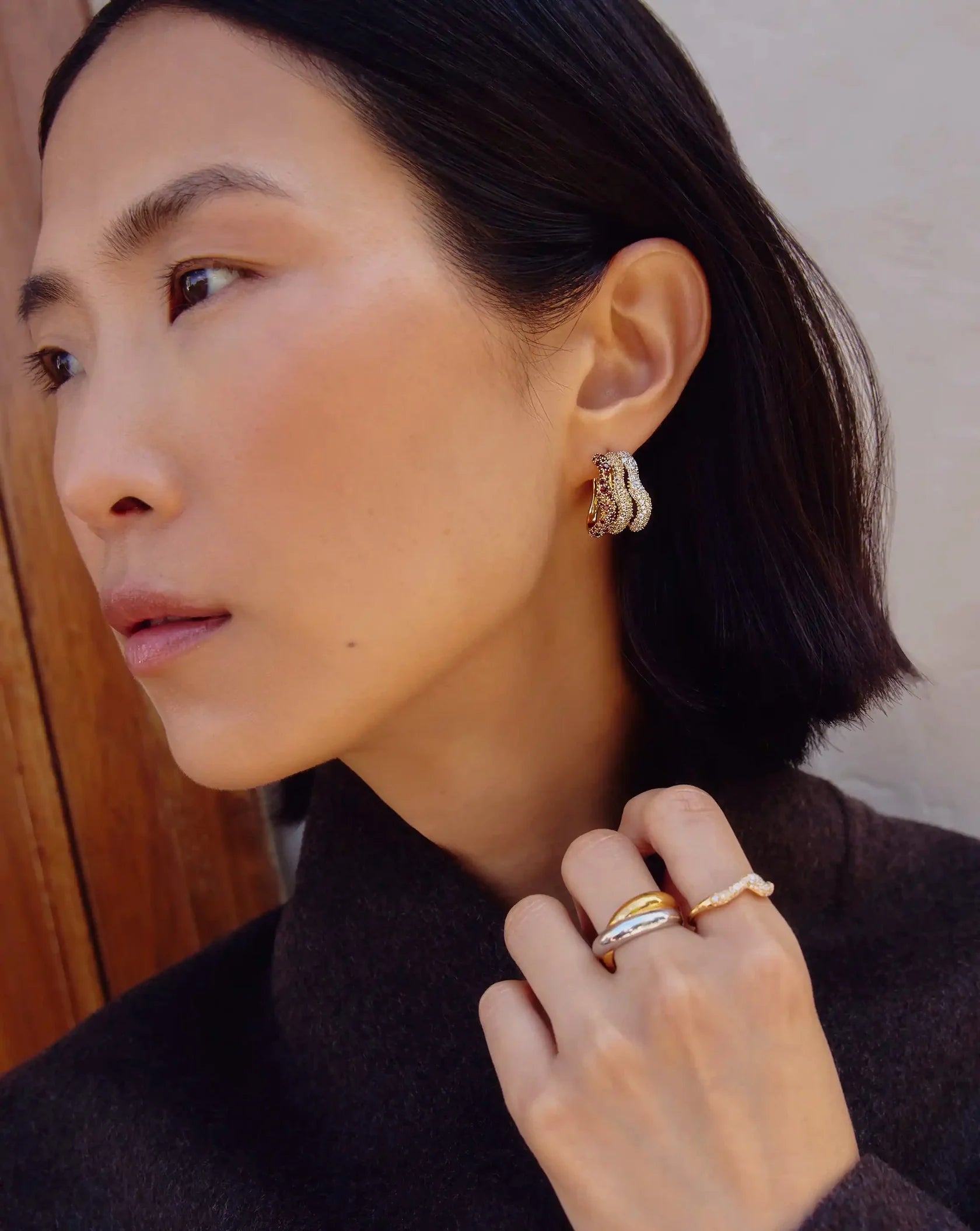 Molten Snow Triple Pavé Small Hoop Earrings | 18ct Gold Plated Earrings